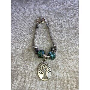 Green Beaded Tree of Life and Owl Bali-Style Charm Bracelet in Silvertone